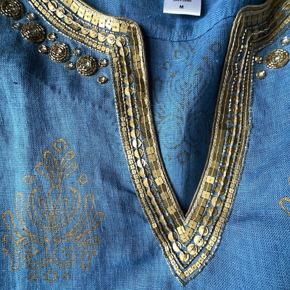 SOFT SURROUNDINGS | NWOT PURE LINEN PERIWINKLE BLUE GOLD BEADED DRESS | MEDIUM - Picture 7 of 9